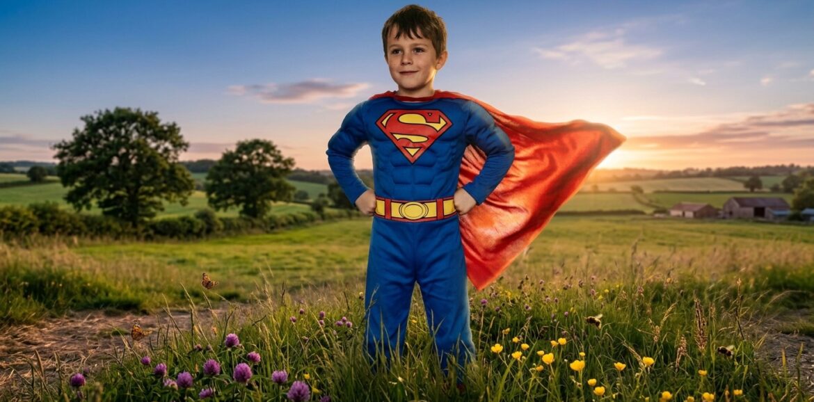 superman jelmezes kisfiú önbizalommal tele