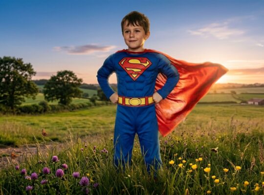 superman jelmezes kisfiú önbizalommal tele